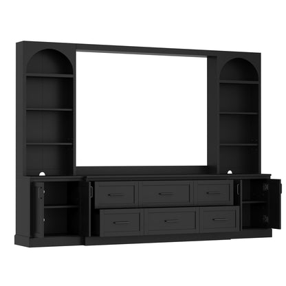 Modern Arched Entertainment Center Wall Unit with 6 Drawers, Farmhouse Large TV Stand with Bookshelves for TVs Up to 70', All-in-One Media Console with Adjustable Shelves for Living Room, Black