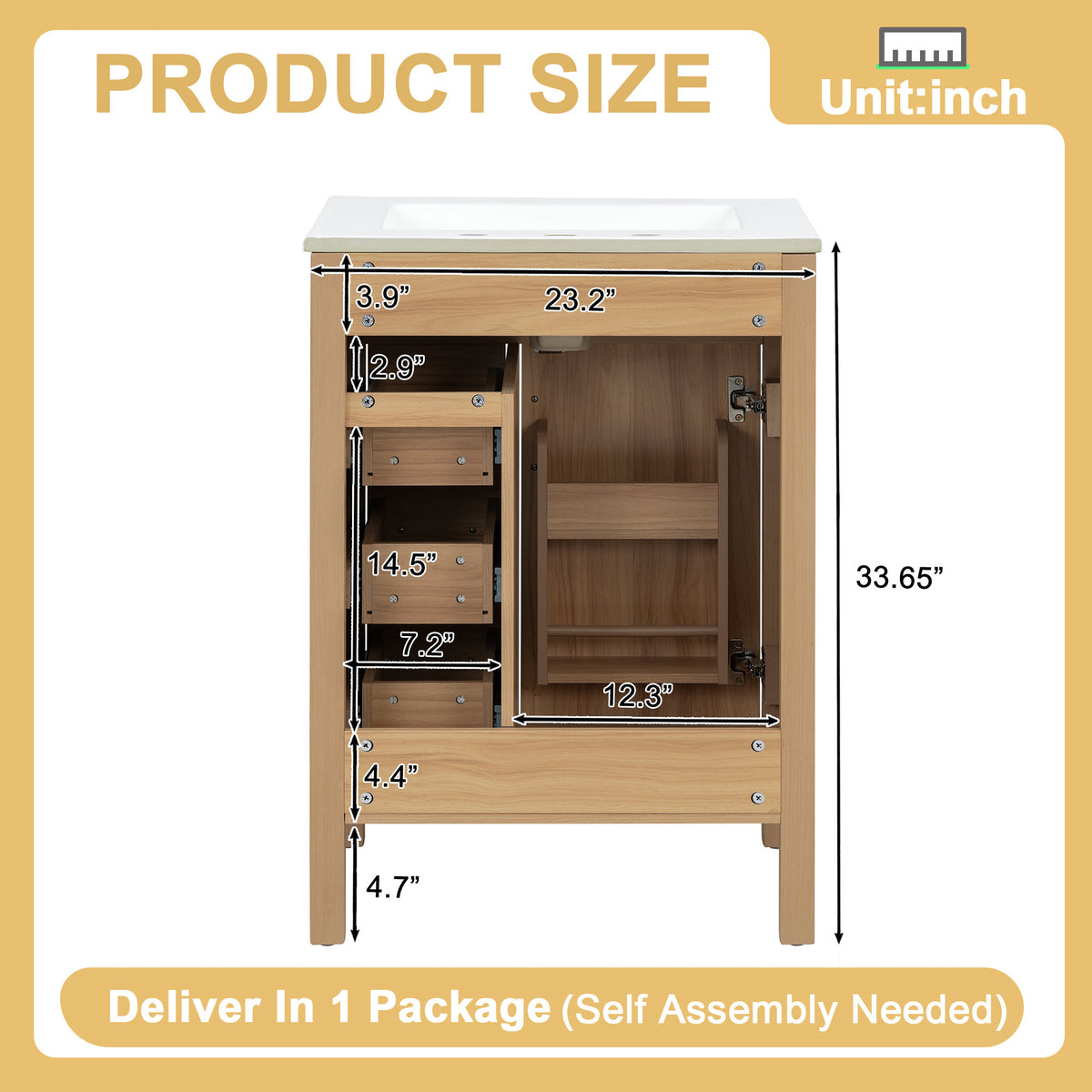 24 Inch Modern Traditional Bathroom Vanity with Ceramic Sink, MDF Cabinet & Solid Wood Legs, Black Zinc Alloy Handles, Wood Grain Melamine Finish