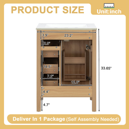 24 Inch Modern Traditional Bathroom Vanity with Ceramic Sink, MDF Cabinet & Solid Wood Legs, Black Zinc Alloy Handles, Wood Grain Melamine Finish