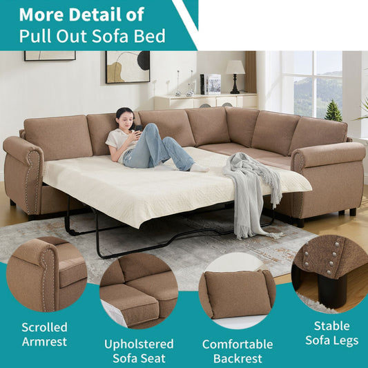 [NEW ARRIVED] [VIDEO PROVIDED] Sleeper Sofa, 2 in 1 Pull Out Couch Bed,6 seater sofa bed, L Shaped Sleeper Sectional Sofa Couch,Riveted sofa,104'' Large combined sofa Bed in living room, Brown