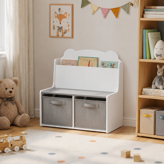 Kids Bookshelf with Storage Bins - Wooden Bookcase with Book Display Shelf and 2 Fabric Bins, Cute Bear-Shaped Backboard