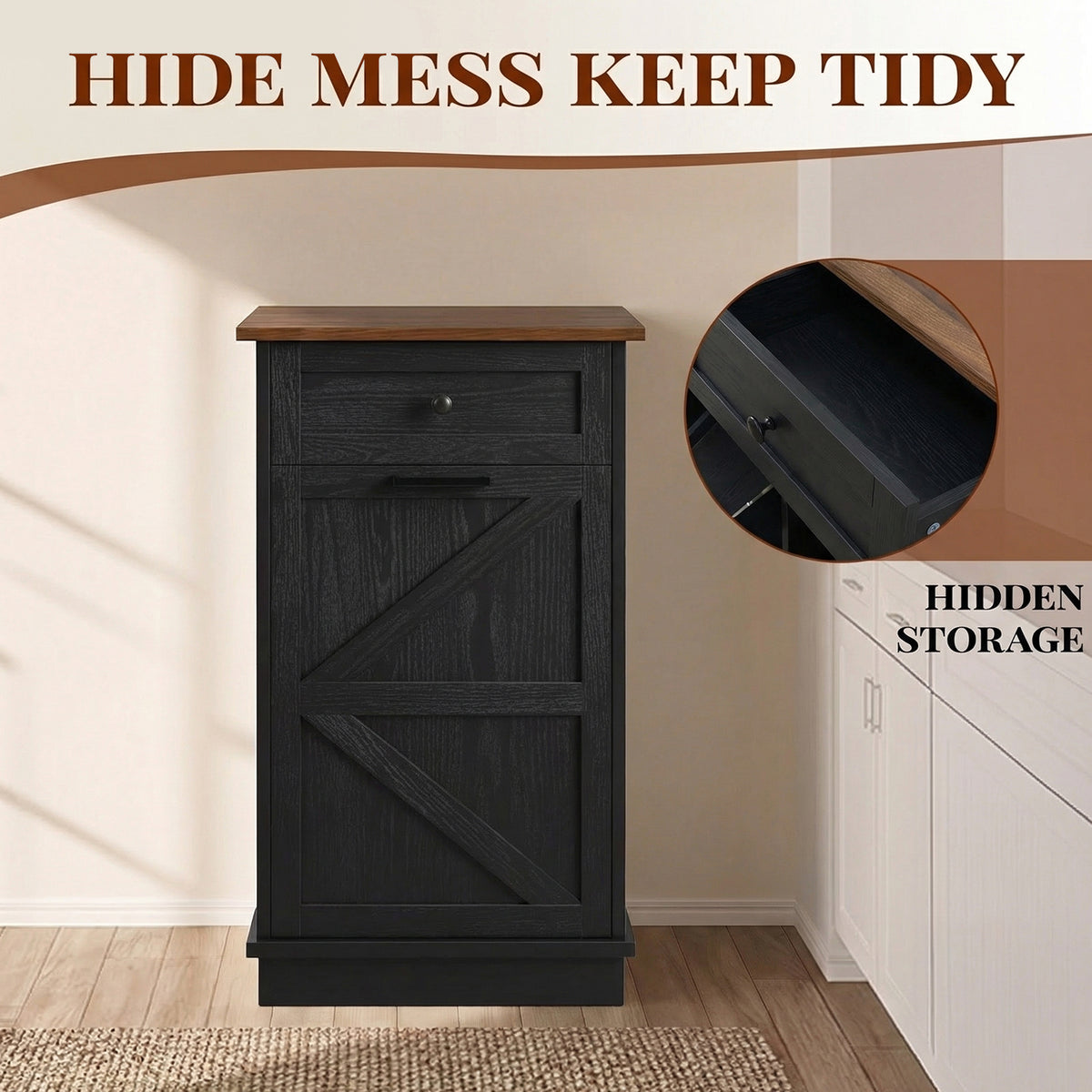 Tilt Out Trash Can Cabinet, 10-Gallon Farmhouse Hidden Garbage Cabinet with Drawer, Dog Proof Wooden Trash Storage Cabinet for Kitchen, Laundry, Living Room, Office