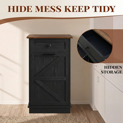 Tilt Out Trash Can Cabinet, 10-Gallon Farmhouse Hidden Garbage Cabinet with Drawer, Dog Proof Wooden Trash Storage Cabinet for Kitchen, Laundry, Living Room, Office