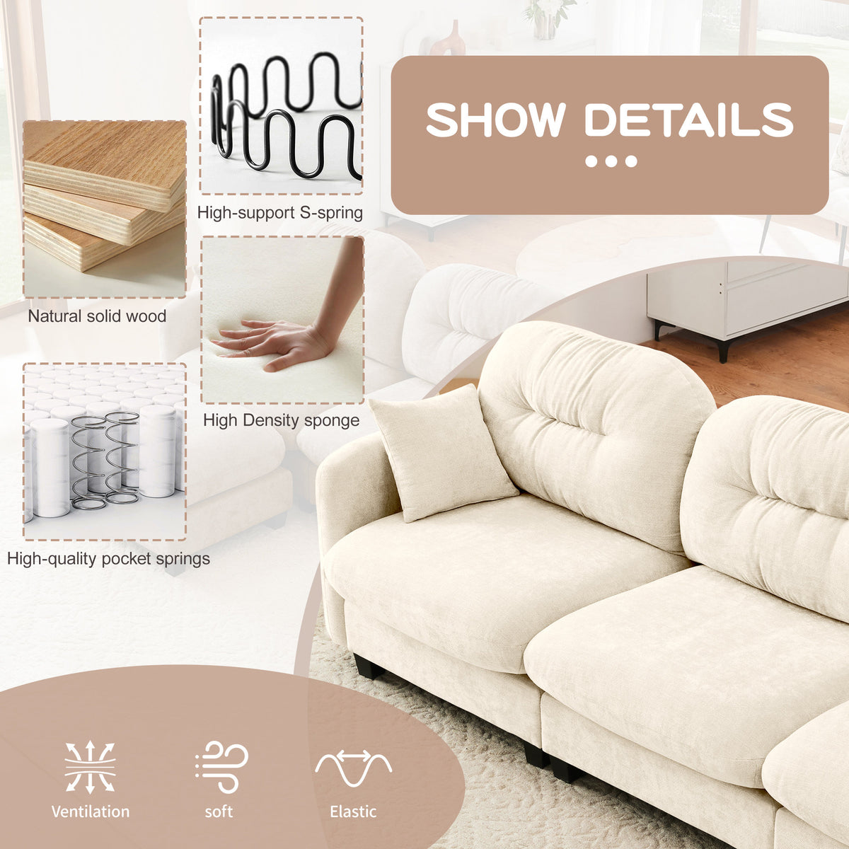 Three-Seate Modular Sectional Couch, Soft Chenille Fabric High-Density Foam, Quilted Pleated Design Ergonomic Design, Elegant Armrests