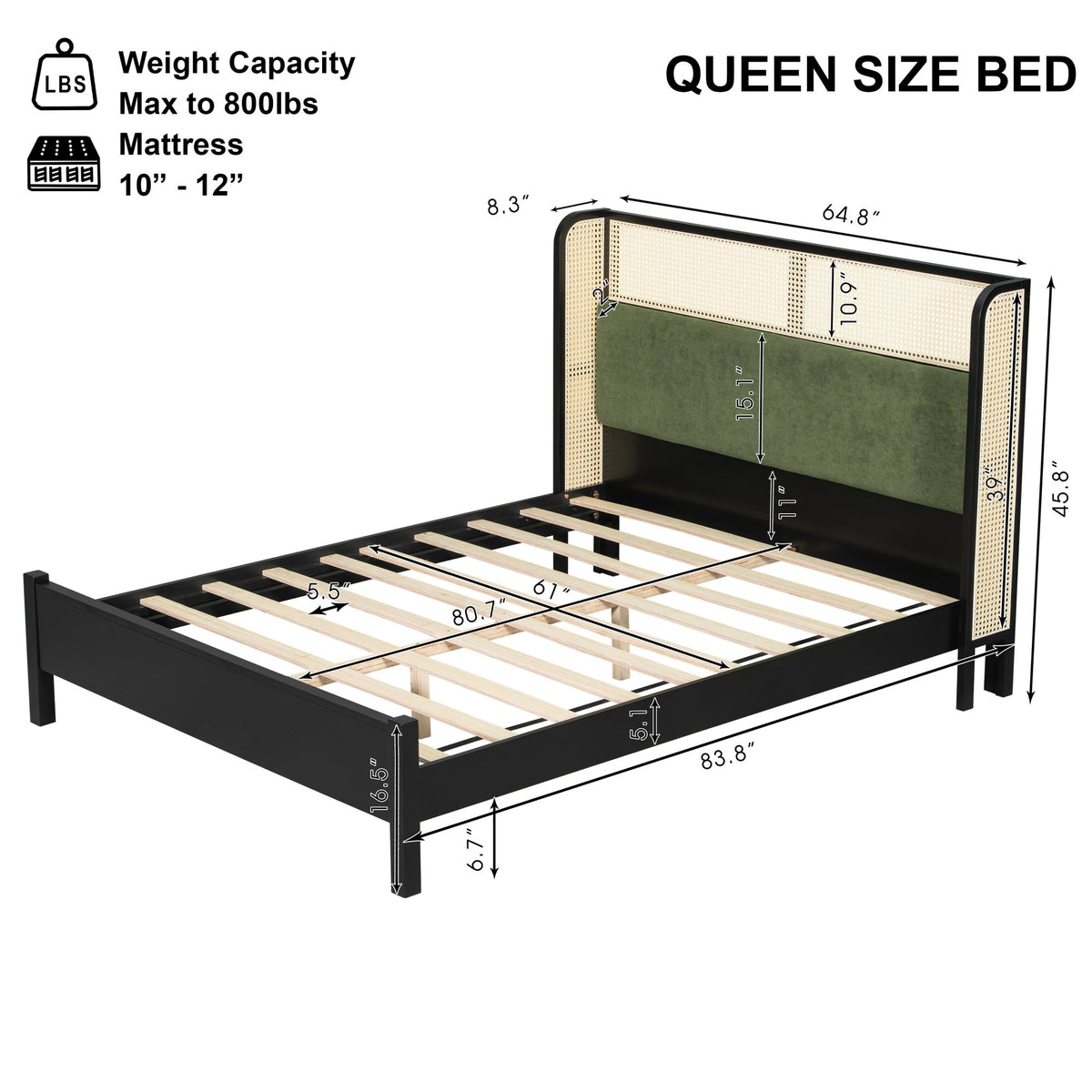 Queen Size Bed Frame with Green Headboard, Black with Green Solid Wood  Bed, No Box Spring Required, Modern Bedroom Furniture