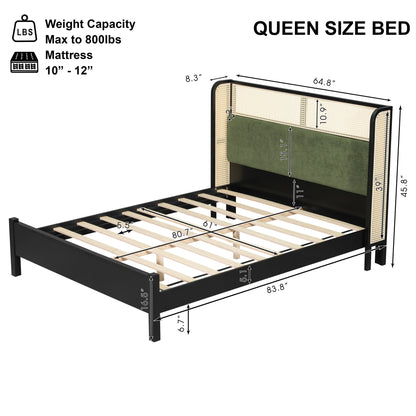 Queen Size Bed Frame with Green Headboard, Black with Green Solid Wood  Bed, No Box Spring Required, Modern Bedroom Furniture