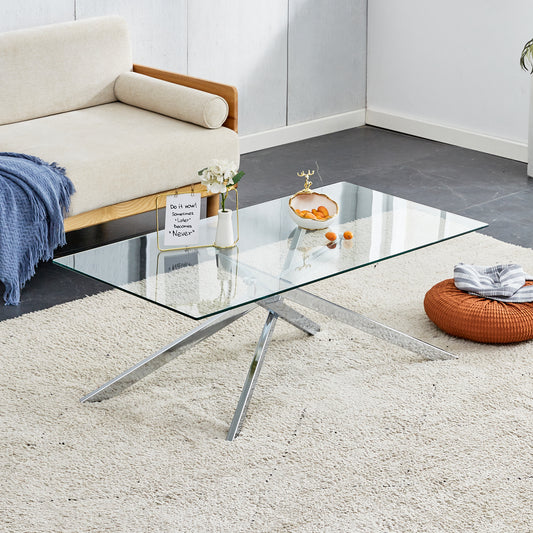 39.37' Rectangular Clear Tempered Glass Coffee Table,Stylish Design with Silver Chrome Plated Metal Legs, Coffee Table for Living Room
