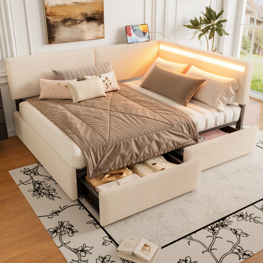 Full Size Upholstered Cloud Bed Frame with Headboard, with 2 Storage Drawers , LED light and USB Charging Design, Solid Wood Legs and Slats, No Box Spring Needed, Beige, Headbord is on right side