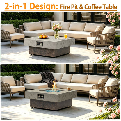 34‑Inch Square Propane Fire Pit Table, Modern 2‑in‑1 Outdoor Fire Pit Table with 3‑Position Adjustable Height for Patio Backyard Leisure