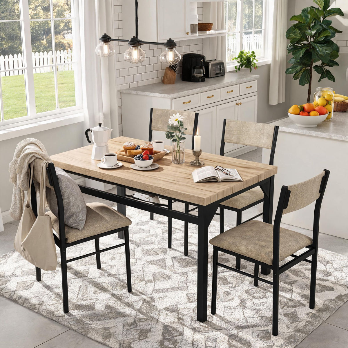 5-Piece Dining Table Set for 4, 47.24" Dining Table with 4 Upholstered Linen-Look Chairs, Black Metal Frames, Modern Kitchen & Dining Room Furniture