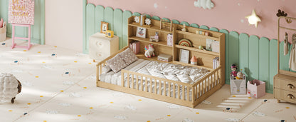 Twin Montessori Floor Bed with Bookshelf & Safety Rails, Natural,Solid pine wood kids bed with integrated bookshelf, low-to-ground Montessori design, safety fence rails and wide entrance.