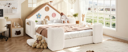 Full House Shaped Upholstered Floor bed, Upholstered Kids bed with Safety Side Rails, Solid Children Bed Frame, Low Floor Playhouse Bed for Nursery & Kids Bedroom.Beige & Natural