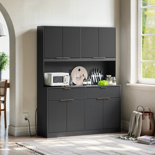 71" Tall Kitchen Pantry Cabinet with Power Outlet, Hollow Open Countertop, Modern Multi-Functional Storage Hutch Cabinet for Dining Room, Entryway and Living Room,Black