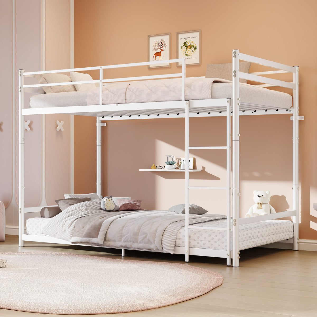 Heavy Duty Metal Twin Over Twin Bunk Bed, Convertible to 2 Separated Twin Beds, Noise-Free Steel Frame with Rubber Anti-Slip Ladder & 11.3' Guardrails, 400/485 LBS Weight Capacity, White