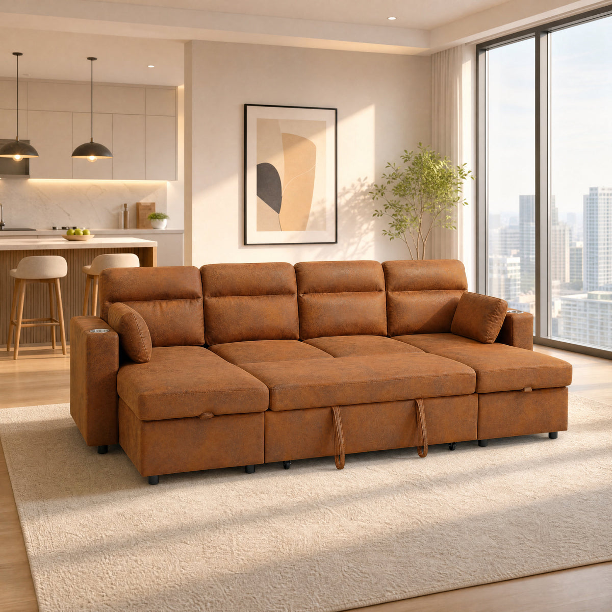 Convertible U-Shaped Sectional Sofa Bed with Double Storage Chaises, Pull-Out Sleeper, Cup Holders, and Lumbar Pillows
