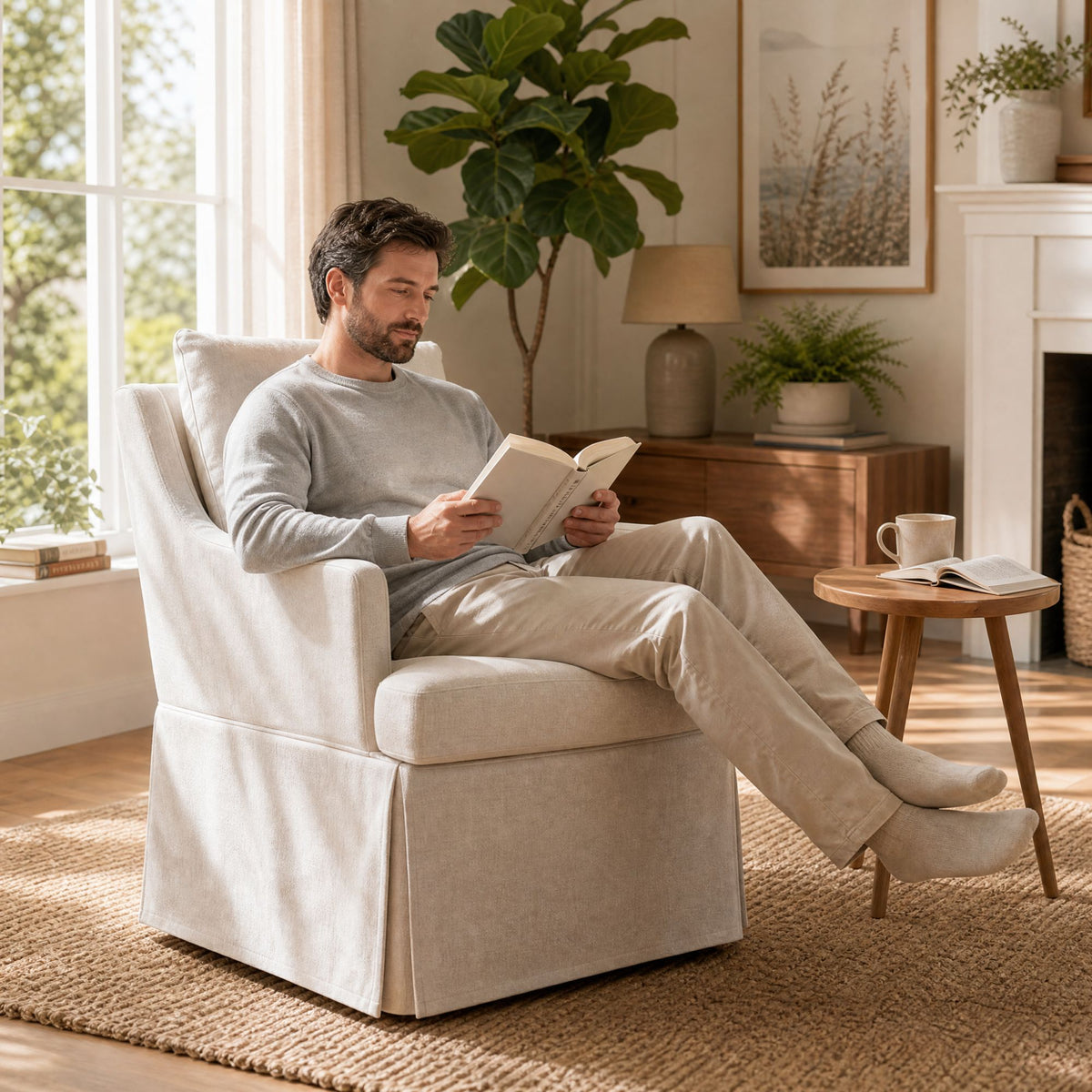 Upholstered Dining Chairs Set of 1, Modern Kitchen Chair Dining Room Chair with 4 Casters, Linen Armchair for Bedroom Reading Room Living Room, Beige