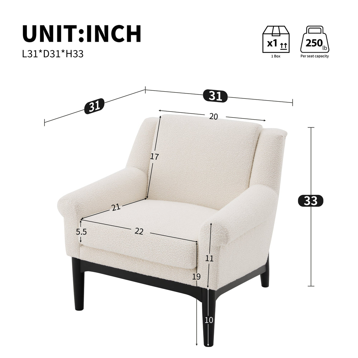 Modern Accent Chair with Flared Arms, Upholstered Lounge Chair, Mid-Century Modern Armchair with Solid Wood Legs, Ergonomic Reading Chair