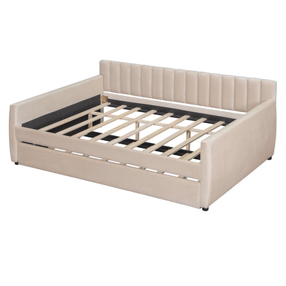 Full Size Upholstered daybed with Trundle and Wood Slat Support, Beige(Old SKU:LP000121AAA)
