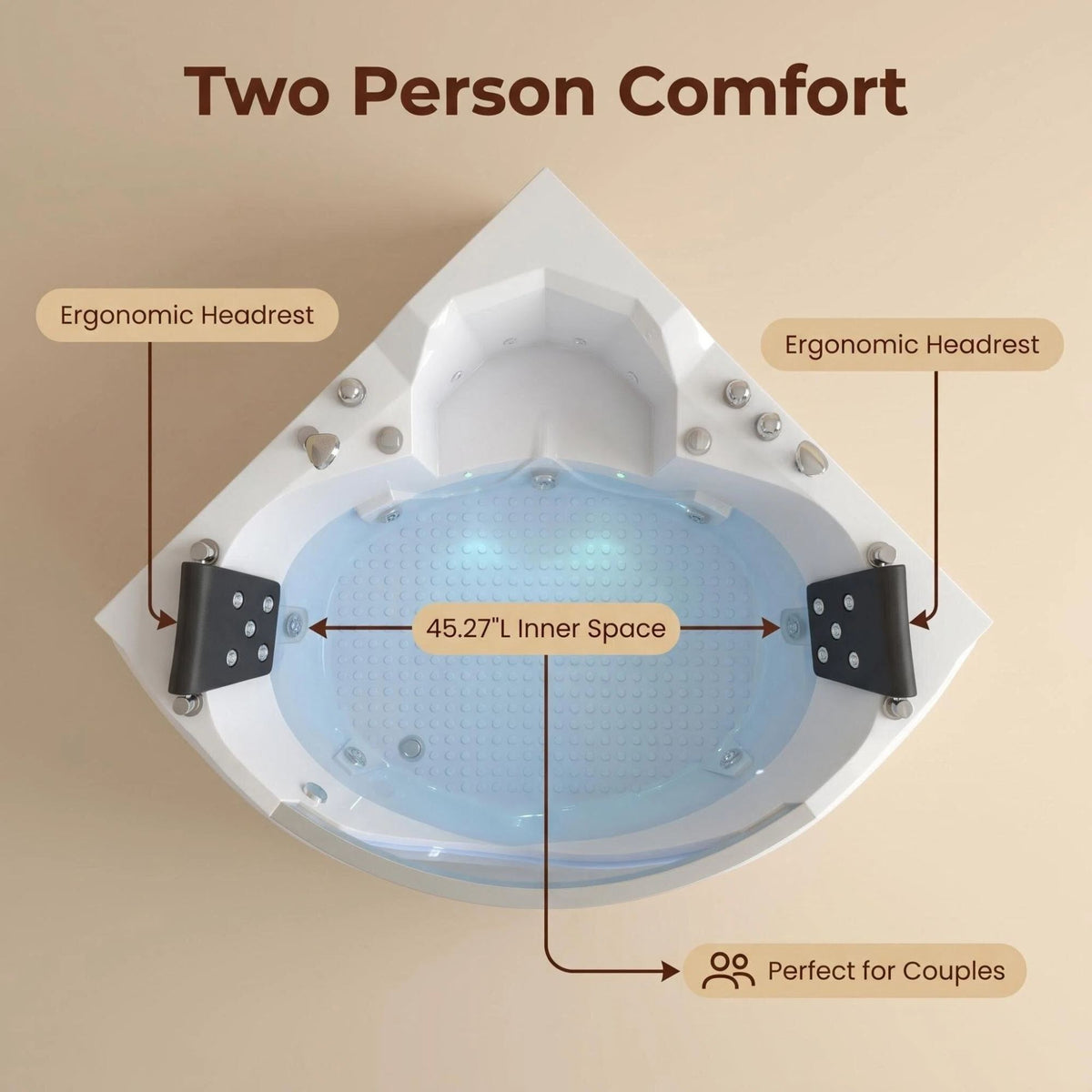 59" light luxury double corner whirlpool bathtub, 20 sets of multi-directional massage nozzles, chromotherapy healing atmosphere, brand-level certified accessories