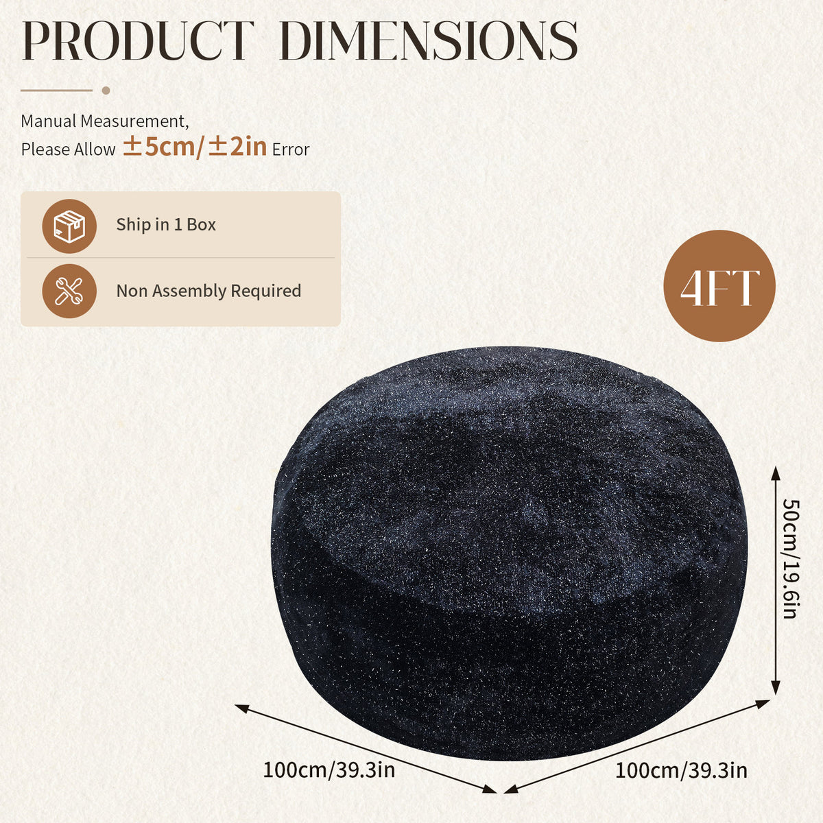 Starry Sky 4FT bean bag chair,Plush Fabric with Lurex,Shiny Silver Thread Faux Fur Plush,memory foam filling,round sofa for living room, bedroom, college dorm.