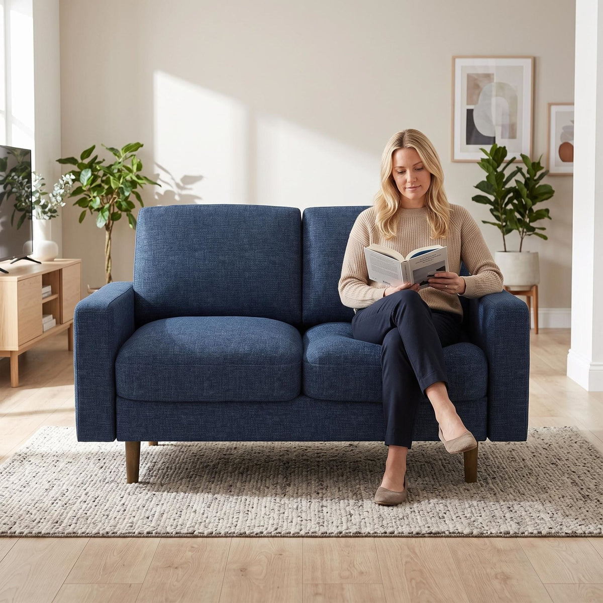 Modern 2‑Seat Loveseat Sofa, Polyester Fabric Couch, Without Accent Pillows, Loose Back Cushion for Small Space Living Room