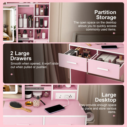 Small Makeup Vanity Desk with Mirror & Adjustable LED Lights, Built-in Power Outlet & Hidden Storage, Includes padded stool & Shelf