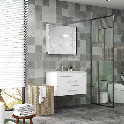 32-Inch White Gloss Wall-Mounted Bathroom Vanity with Double Drawers, Soft-Close System,Ceramic Sink, Create a Modern and Minimalist Bathroom Space!