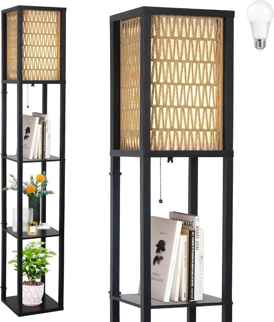Floor Lamp with Shelves, Corner Floor Lamps for Living Room, Boho Floor Lamp with LED Bulb & Double Shades, Rattan Standing Lamp for Bedroom Office, Shelf Tall Lamp for Storage Display, Home Decor