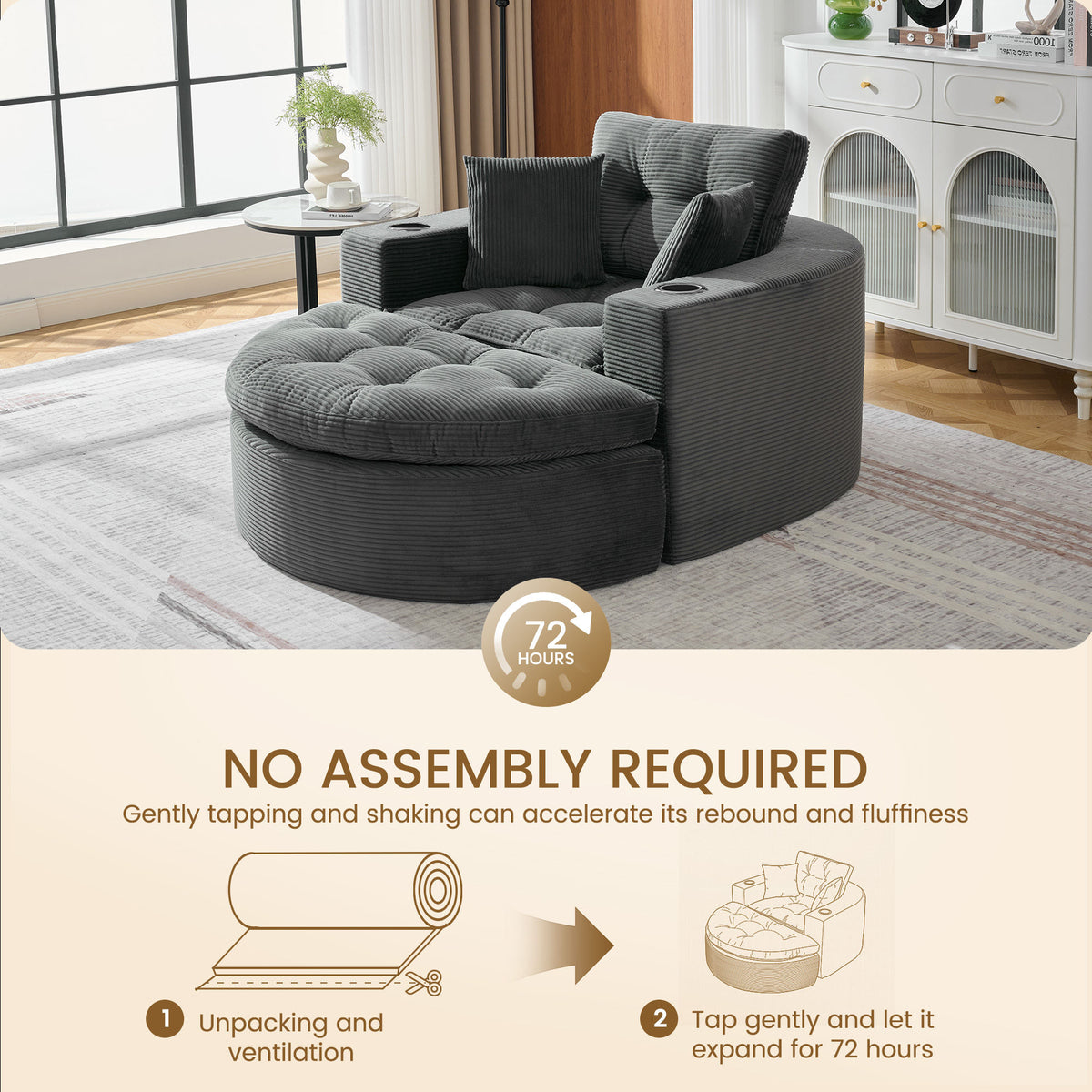 Oversized Dark Gray Round Chaise Lounge Sofa, Upholstered Lounge Chair with 3 Pillows, Boneless Sofa Couch with Ottoman, Deep Seat Chair for Living Room, Bedroom, No Assembly