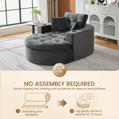 Oversized Dark Gray Round Chaise Lounge Sofa, Upholstered Lounge Chair with 3 Pillows, Boneless Sofa Couch with Ottoman, Deep Seat Chair for Living Room, Bedroom, No Assembly