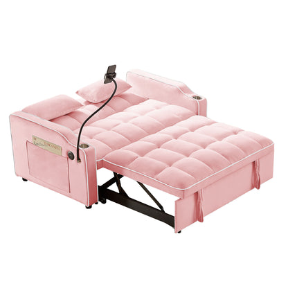 Versatile Foldable Double Seat Recliner,Comfortable Velvet Pull-Out Sleeper Sofa Bed with Side Pockets,USB Port,Swivel Phone Stand, Ashtray and Adjustable Backrest