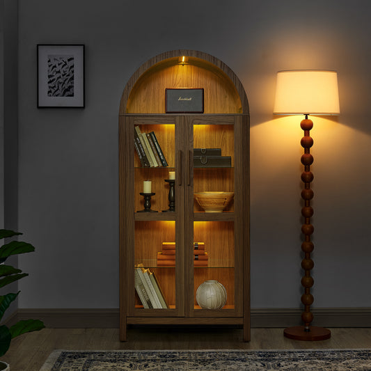 A high arched storage cabinet with a lamp, a modern retro-style wooden storage cabinet with adjustable glass partitions, suitable for use as a multi-functional cabinet in kitchens-Brown