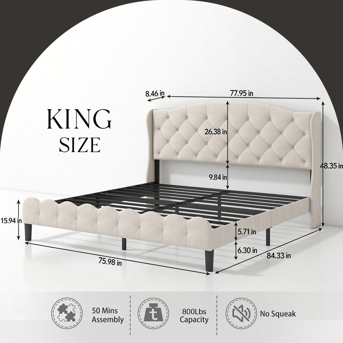 King Size Upholstered Platform Bed Frame with Velvet Tufted Headboard, Heavy Duty Metal Slats Support, No Box Spring Needed, Modern Wingback Design, Cream Beige