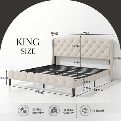 King Size Upholstered Platform Bed Frame with Velvet Tufted Headboard, Heavy Duty Metal Slats Support, No Box Spring Needed, Modern Wingback Design, Cream Beige