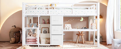 Twin Metal Low Loft Bed for Kids, Low Loft Bed with Storage Drawer, Low Loft Bed with Bookshelf & Built-in Desk, Sturdy Low Loft Bed Frame, Multi-Function Low Loft Bed for Kids.White