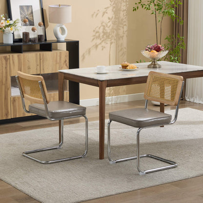 Dining Chairs Set of 2,Mid‑Century Modern Cane Rattan Dining Chair with Solid Wood Frame,Faux Leather Upholstered Seat,Cantilever Chrome Metal Frame Armless Side Chair for Kitchen Dining Room,SW1751GG