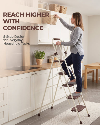 5Step Ladder, Folding Step Stool with Wide Anti-Slip Pedal, Sturdy Steel Ladder, Convenient Handrail, Lightweight, Portable Steel Step Stool