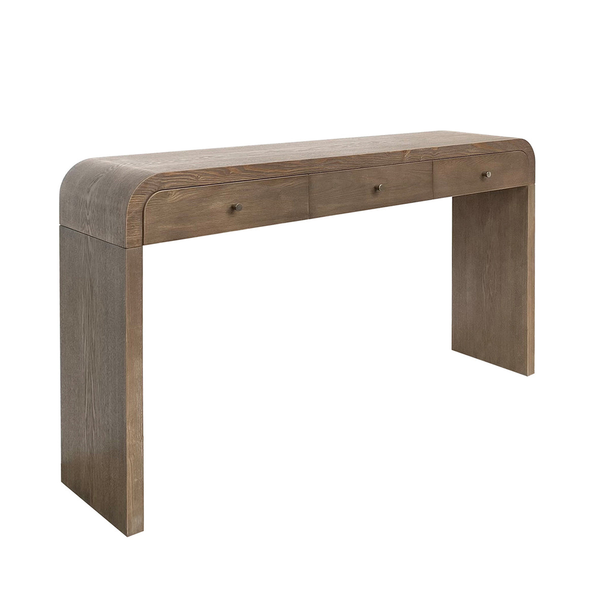 Dark Brown Curved Design 3-Drawer Long Console Table,  Entryway Sofa Table with Gold Pull Handles, Storage Accent Table for Living Room Hallway Foyer
