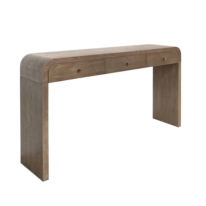 Dark Brown Curved Design 3-Drawer Long Console Table,  Entryway Sofa Table with Gold Pull Handles, Storage Accent Table for Living Room Hallway Foyer