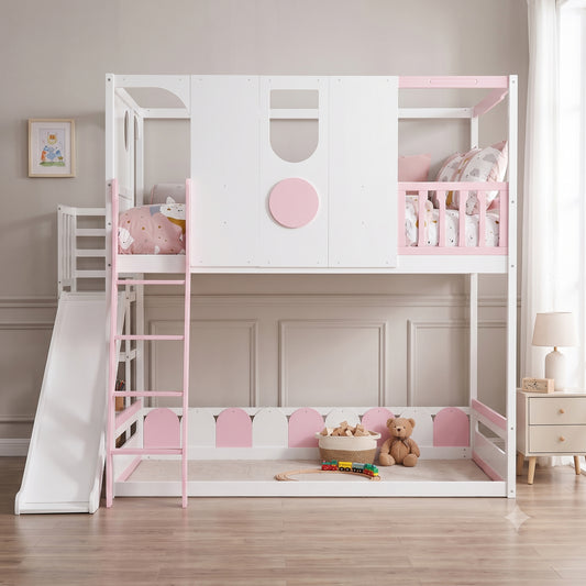 Full Size Kids Loft Bed, Play House Bunk Bed with Slide, Storage Shelves and Guardrails, White+Pink