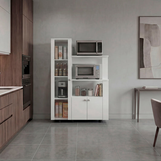 Aldan Multistorage Pantry with Glass Door Cabinet, 3 Open Shelves for Microwave Space and 2 Door Small Cabinet