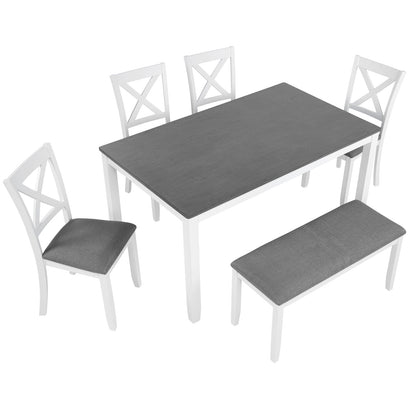 Modern 6-Piece Dining Table Set with Bench and Chairs for Dining Room or Kitchen - Grey & White Two-Tone
