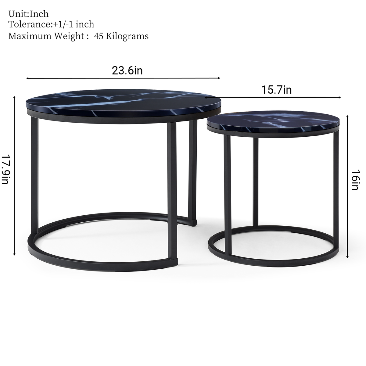 Set 2 Coffee Table Nesting Black top  Black Frame Circular Round and Marble Pattern Wooden Tables, Living Room Bedroom Apartment Modern Industrial Simple Nightstand