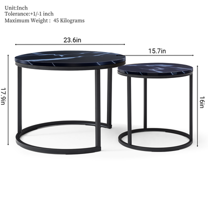 Set 2 Coffee Table Nesting Black top  Black Frame Circular Round and Marble Pattern Wooden Tables, Living Room Bedroom Apartment Modern Industrial Simple Nightstand