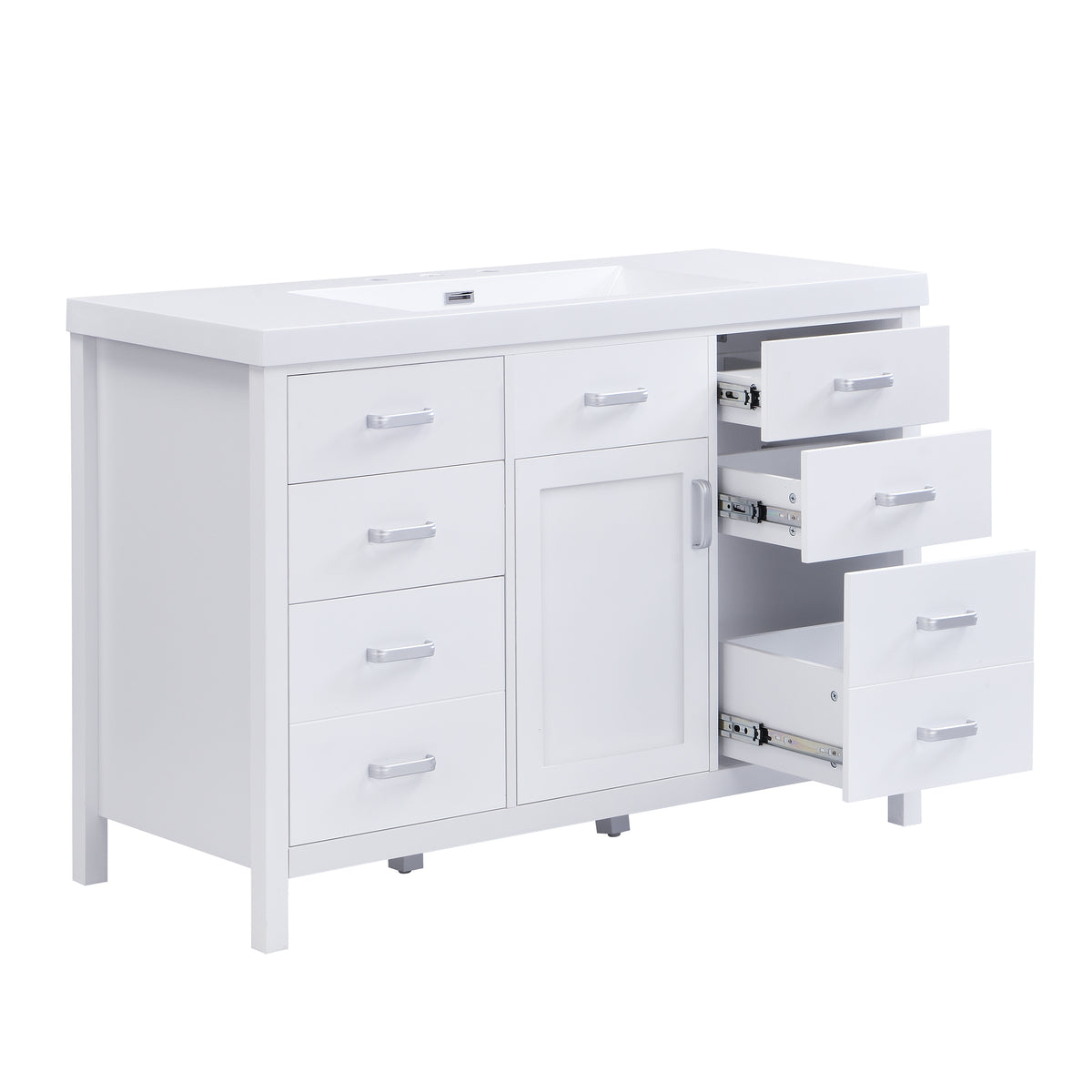 47.25' Modern White Bathroom Vanity with Resin Sink, Soft-Close Single Door & 6 Drawers, Removable Dividers, Metal Handles, Ample Storage Organizer