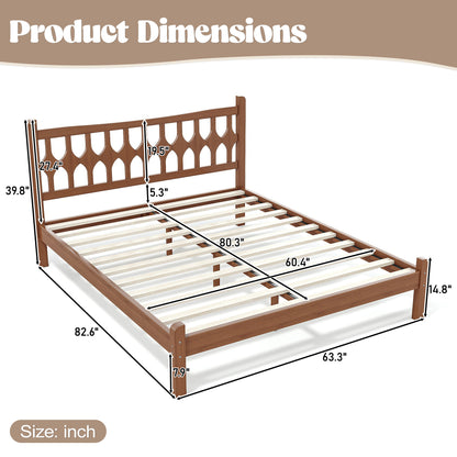 Queen Size Bamboo Platform Bed with Diamond-shaped headboard, Solid Bamboo-made Bed Frame with Support Slats, for Bedroom, Guest Rooms, Brown