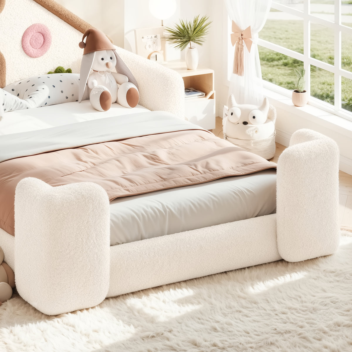 Full House Shaped Upholstered Floor bed, Upholstered Kids bed with Safety Side Rails, Solid Children Bed Frame, Low Floor Playhouse Bed for Nursery & Kids Bedroom.Beige & Natural