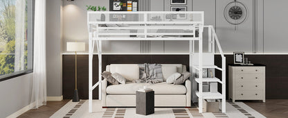 Twin XL Size Loft Bed with Stairs, Metal Full Loft Bed with Storage Shelves, High Loft Bed with Wardrobe for Kids Teens,White(Old Sku W2580S00050)