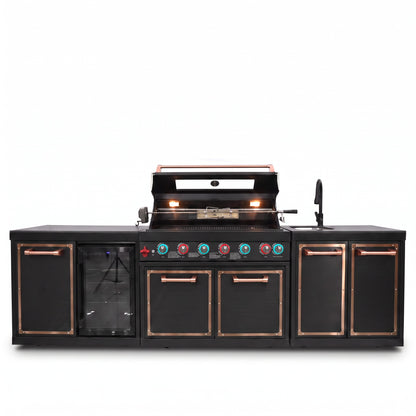 Luxury Black Titanium Outdoor Kitchen Island, 6-Burner 87,900 BTU Gas Grill with Infrared Rear Burner, 70L Refrigerator, Sink, Pull-Out Trash Bin, Rotisserie & Cover, Black/Rose Gold