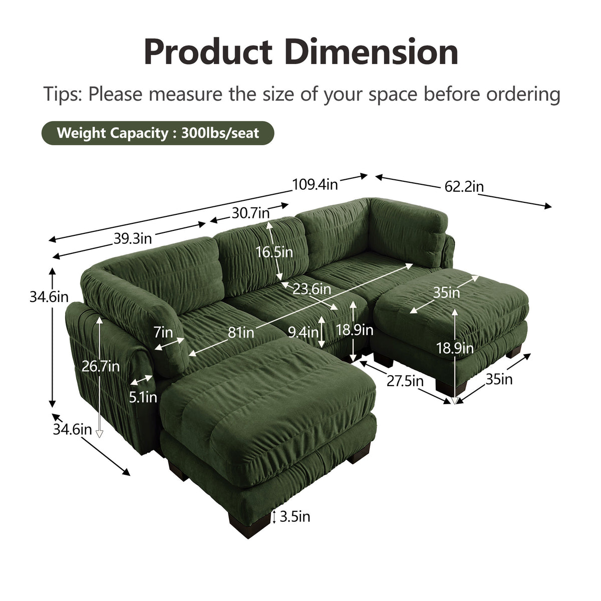 3 Seat Ruched Detailing Chenille Modular Sectional Sofa,Movable 2 Ottomans,High-Density Foam,L Shape Thickened  Back Cushions,Easy Assembly,For Living Room,Bedroom,Green